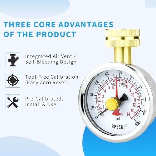0-200 Psi Water Pressure Gauge Test with Lazy Hand, Lead-Free, 2.5" Dial Size, Durable 3/4” Hose Thread, 304 Stainless Steel Case, Home Water Pressure Tester (Double-0-200psi) Double-0-200psi