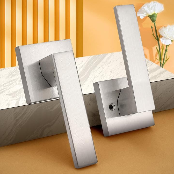 Probrico Interior Brushed Nickel Door Handle, Heavy Duty, Flat Square Passage Door Handles, Keyless Door Levers Lockset for Closet and Hallway (1 Pack, Modern) 1 Pack