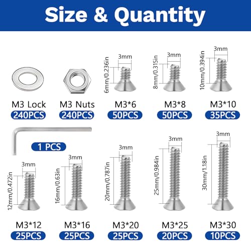720Pcs M3x6/8/10/12/16/20/25/30mm Screw Kit, Stainless Steel Countersunk Screws Assortment Set with Nuts, Washers & Hex Wrench for DIY Projects, Electronics & Repairs M3x6/8/10/12/16/20/25/30-720Pcs