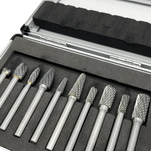 10Pcs Carbide Burr Set for Die Grinder Bits,1/4" Shank Double Cut Rotary Tool Bits | Metal, Wood, Plastic Working | Grinding, Engraving, Milling, Polishing | Durable Tungsten Carbide