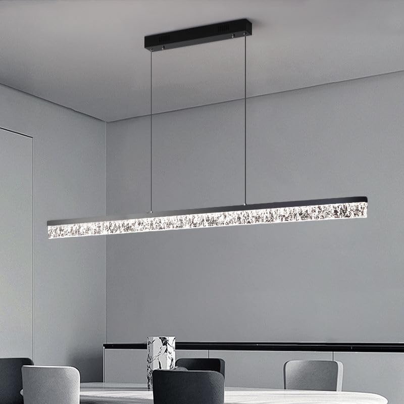 Modern Led Pendant Light, Dimmable Crystals Led Chandelier for Dining Room Light Fixture Over Table Creative Vertical Pendant Light for Kitchen Island, Dining Room, Bedroom(49.6IN) Black Water Ripples