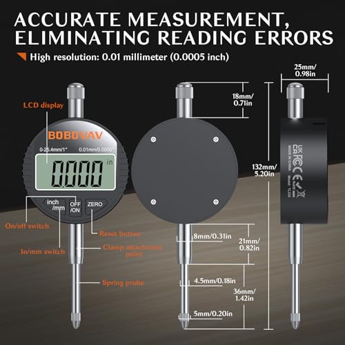 Digital Dial Indicator 0-1 Inch/25.4 mm, 0.0005 inch/0.01mm High Resolution Digital Probe Indicator with Zero Setting Electronic and mm/Inch Switchable for Machining Inspection and Measurement