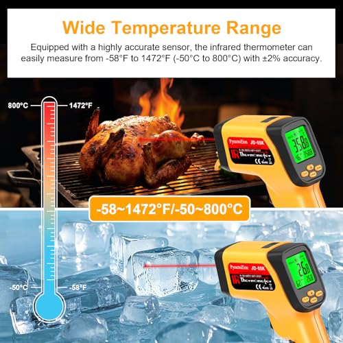 Infrared Thermometer Gun, Dual-Mode with Non-Contact IR & K-Type Thermocouple Probe Meature, -58°F to 1472°F High Accuracy Laser Temperature Gun with Emissivity, Humidity, for Cooking, Industrial Use Yellow