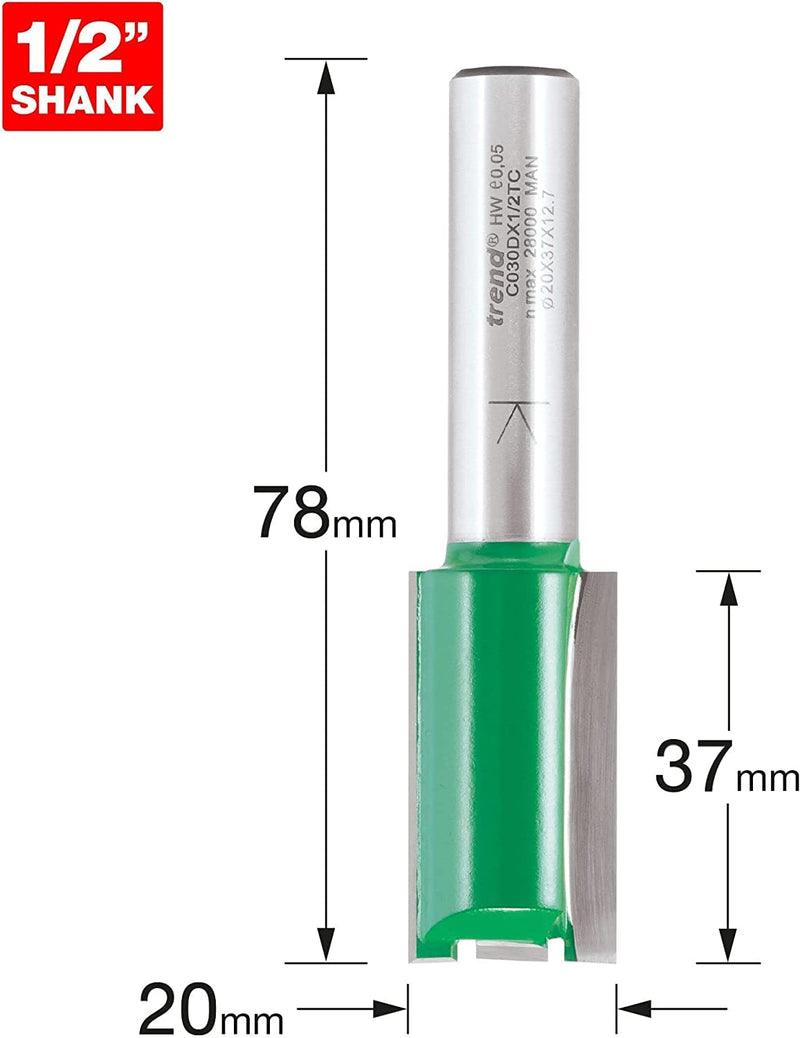 Trend Craft Pro 1/2" Shank Straight Router Cutter Bit-Ref, C030DX1/2TC Diameter 20mm Cutting Length 50mm Tungsten Carbide Tipped, Shank 1/2 inch x Dia 20 mm x Cut 37 mm