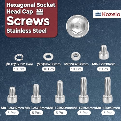 60pcs M8 Socket Head Cap Screws Bolts Nuts Kit 304 Stainless Steel M8x10/12/16/20/25/30mm 60