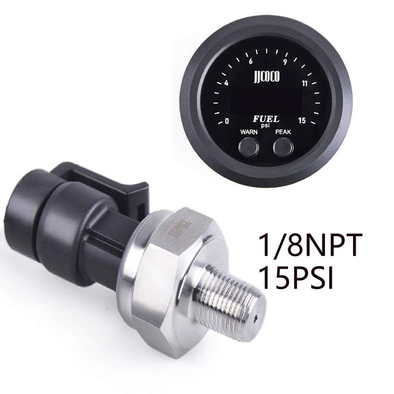 Universal 15PSI Fuel Pressure Gauge 2‑1/16in 52mm Ultraslim Red LED DC12V-24V with Alarm and 1/8NPT Electronic Sensor for Car & Truck