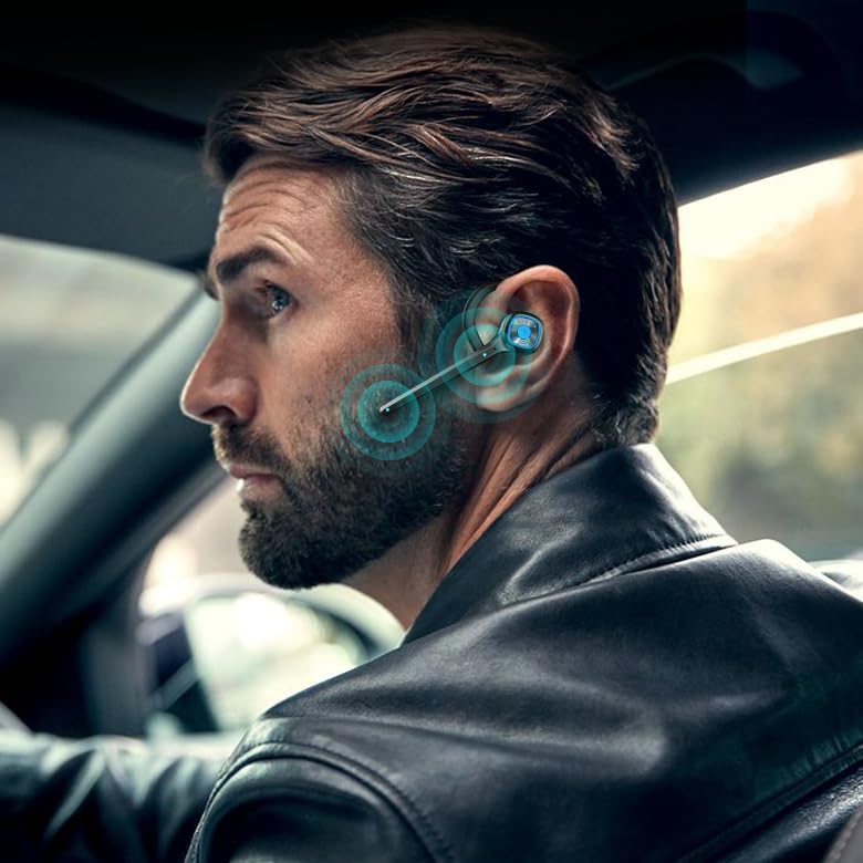 IHAO Wireless Bluetooth Earpiece Headphone Dual Noise Cancelling Mic Painless Open-Ear Handsfree Headset Stereo Sound Left/Right Changeable Earhook Earphones for Driving/Business/Gym Single Ear Black