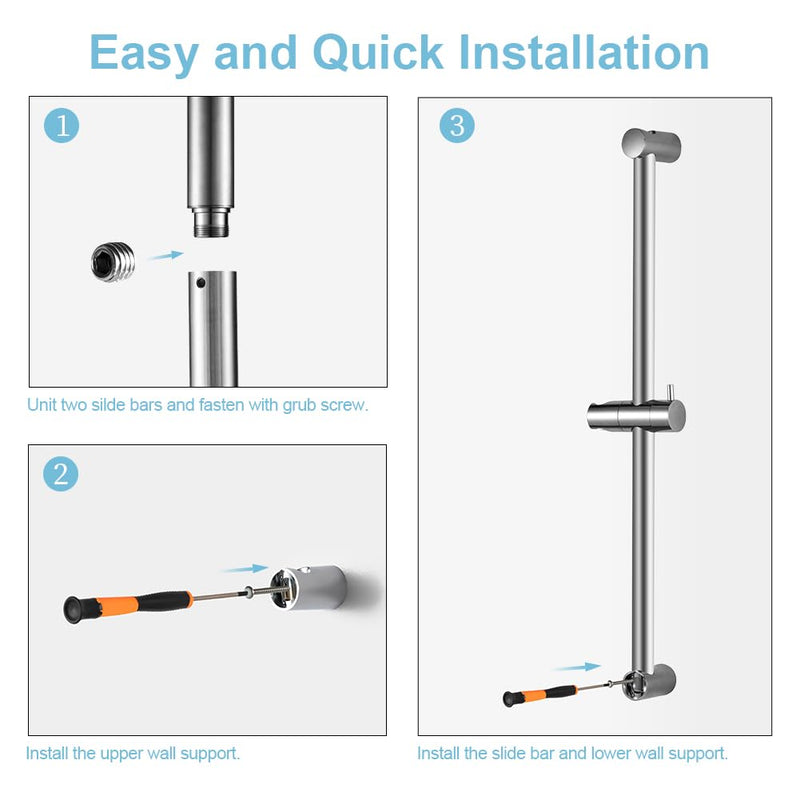 OFFO Shower Slide Bar 24 in Segmental Slide Bar Adjustable Installation Distance 18-24 in with 360° Adjustable Handheld Shower Head Holder for Bathroom, Screw Wall Mounted, Chrome Finish