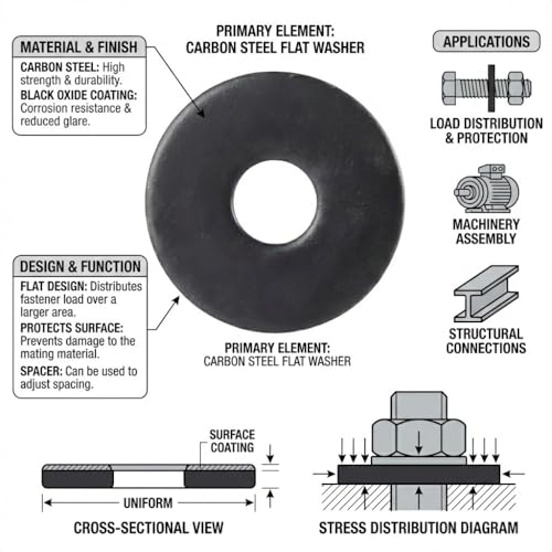 M22 Carbon Steel Flat Washer, Black Oxidized Alloy Steel, 8.8 Grade Metal Flat Washer, 22mm ID, 40mm OD, 3mm Thickness, 10Pcs