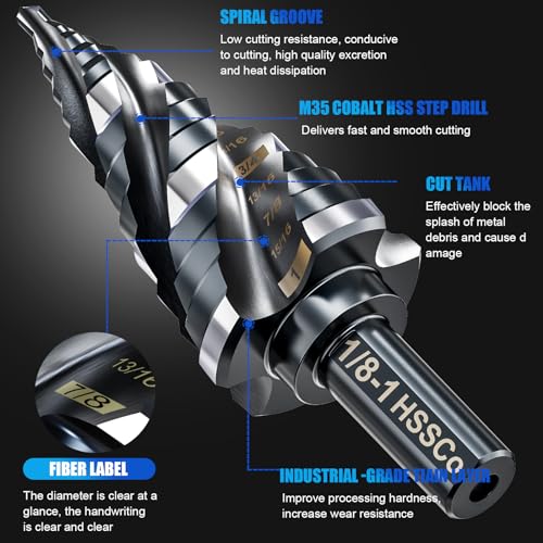 Four Spiral Flute M35 Step Drill Bit Set 1/8"-1"(9 Sizes), 3/8" Shank for Metal Step Drill bit, Impact Resistant Cobalt Step Drill Bit, for Stainless Steel, Wood, Aluminum, Plastic Spiral 1/8"-1"