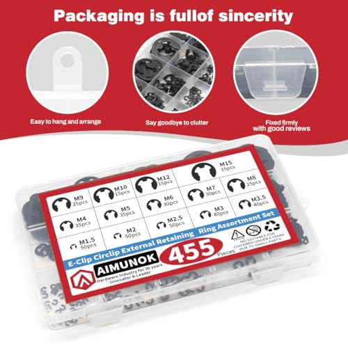 455Pcs E-Clip External Retaining Rings Snap Rings Assortment Set, High Carbon Steel C-Clip Kit, 14 SAE Sizes Circlip Snap Rings M1.5- M15 455pcs E-clip Carbon Steel