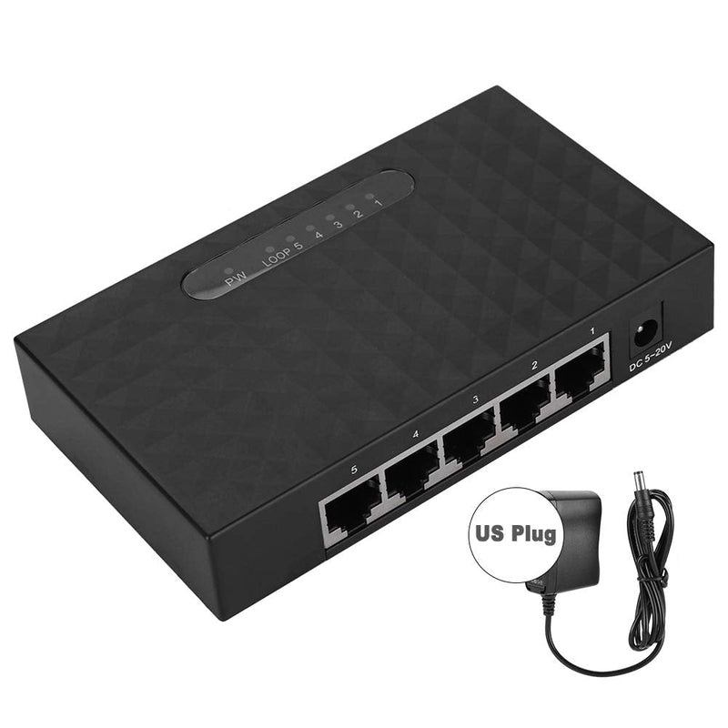 Sonew Gigabit Ethernet Switch, 5 Port Fast 10/100/1000Mbps Ethernet LAN Hub Network Gigabit Switch, Full/Half Duplex Adaptive Mode, Black(US Plug) US Plug