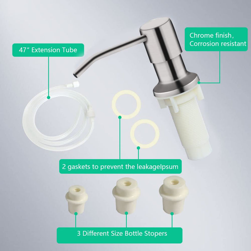 Soap Dispenser for Kitchen Sink, Built in Sink Soap Dispenser (Brushed Nickel), Countertop Soap Dispenser Pump with 47" Extension Tube kit, No Need to Fill Little Bottle Again (Longer Thread Shaft) Brushed Nickel