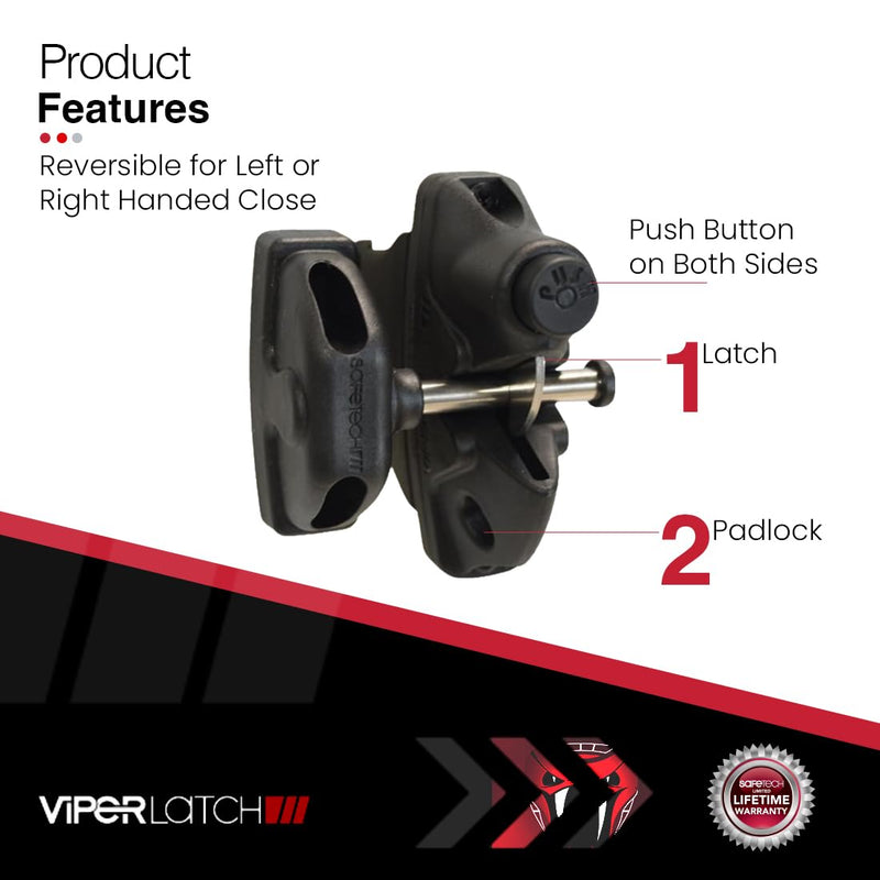 Safetech Hardware ViperX5-2 Two-Sided Gate Latch | Wrap Around Design - No Post Drilling | Padlock Lockable | Left & Right Reversible | Double Gate Access w/Push Button | 2” Vinyl & Aluminum - White 2" Post