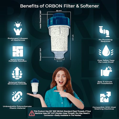 Inline Water Filter for Washing Machine | Washer Hose Filter & Water Softener with Crystal Resin Balls | 100% Leakproof Design