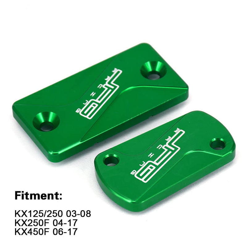 Motorcycle Front And Rear Brake Fluid Reservoir Cover CNC Cap Set Compatible To KX125 KX250 03-08 KX250F 04-18 KX250 19-20 KX450F 06-18 KLX300R 2020 KLX450R 08-15 Dirt Bike Green Front & Rear Brake Fluid Reservoir Cover_1