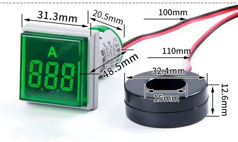 3pcs Digital Display AC Current Indicator, 22mm Square Head LED Current Tester 0~100A Ammeter Monitor Green red Yellow Ammeter, A