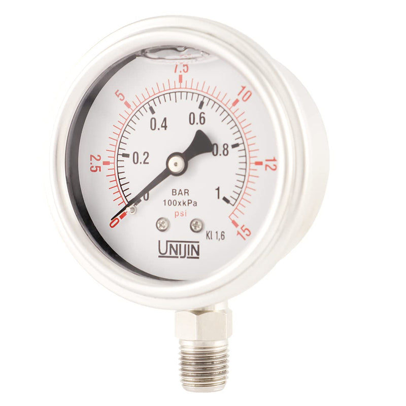 P255 Series 2.5" Dial, Oil Filled Full Stainless Steel Pressure Gauge, 0-15 PSI/kPa, ±1.6% Accuracy, 1/4" NPT, Bottom Mount