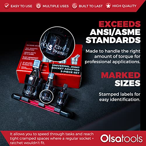 Olsa Tools Universal Joint Set - 3 Pc 1/2",3/8" & 1/4" Drive - Swivel U-Joint Socket Kit with Aluminum Rail - Ball and Angle Socket Adapters - Part 1243 1/4, 3/8 & 1/2" Drive Regular