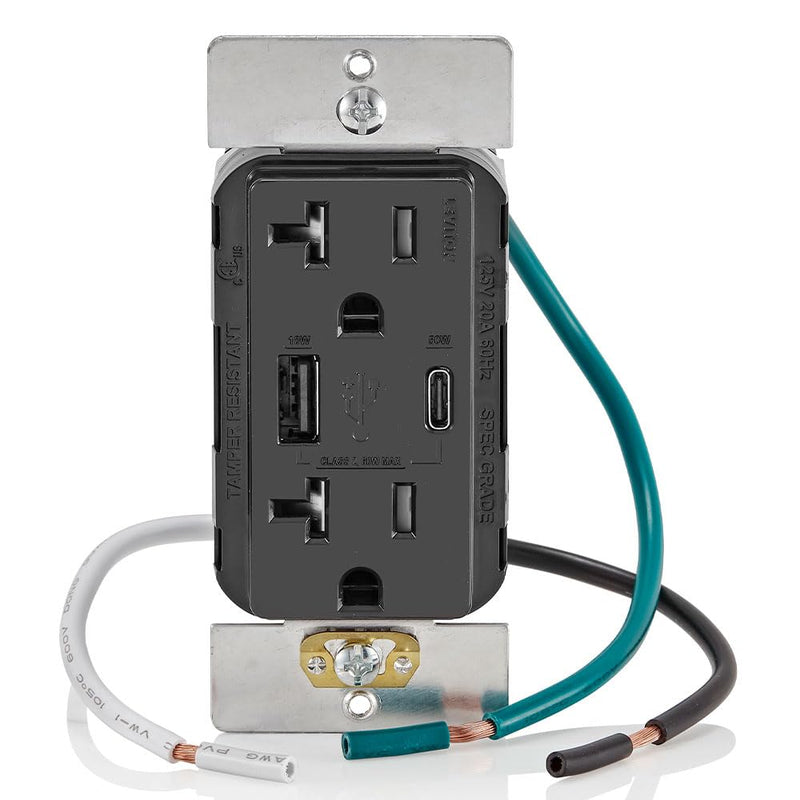 Leviton T5834-E 60W (20V@2.5A+ 5V@2A) USB Dual Type A/Type-C Power Delivery in-Wall Charger with 20A Tamper-Resistant Outlet, USB Charger for Smartphones, Tablets, Laptops, Black Type A/C 60W USB