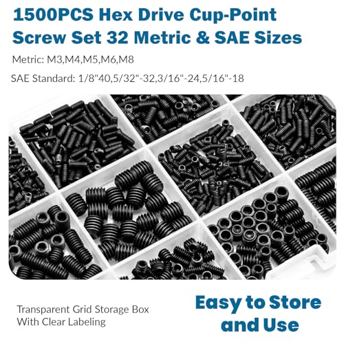 1500 Pcs 32 Size Set Screws Metric&SAE Set Screw Assortment Kit,Black 12.9 Alloy Steel Set Screws Grub Screws for Bathroom Fixtures Door Handles(M3-M8, 1/8"-40 to 5/16"-18) 1500