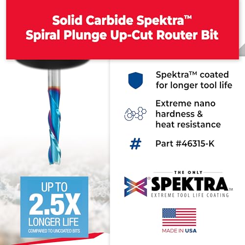 Amana Tool Spektra Extreme Tool Life Coated Solid Carbide Spiral Plunge Router Bit, 46315-K, 1/4 Dia x 1 CH x 1/4 Shank 2-1/2 Inch Long Up-Cut