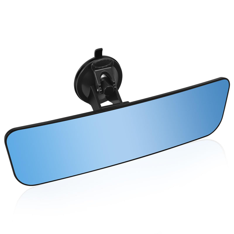 12'' Large Anti Glare Rear View Mirror with Suction Cup, Stick on Universal Frameless Inside Rearview Blue Mirror with Parabolic Wide Angle Mounted on Windshield for Car Marine Auto Boat Truck SUV Van