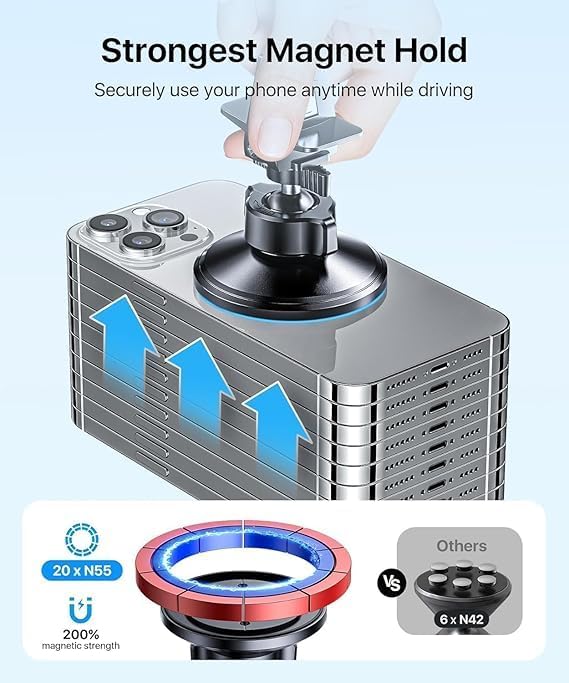 andobil for MagSafe Car Mount [20xN55 Strongest Magnet] Magnetic Phone Holder for Car Vent Stable Metal Clip 360 Adjustable Magnetic Car Phone Holder Mount for iPhone 17 Pro Max 16 15 14 13 Plus Mini