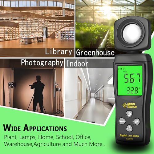 Digital Light Meter, Backlit LCD Display Lux/Foot Candles Meter with 180º Rotating Sensor, Range up to 200,000 Lux Luxmeter,for Photography Plants Lighting Intensity Brightness Measurement Black