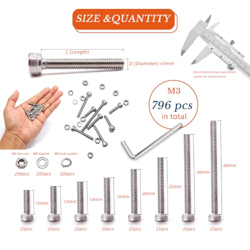 796PCS M3×10/12/14/16/20/25/30/40mm Metric Screw Assortment Kit M3-796pcs