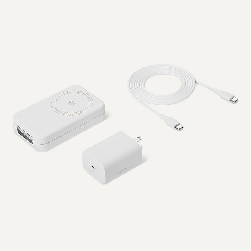 Amazon Basics MagSafe Compatible Wireless Charging Station, 25W Max. Fast Charging Qi2.2 Certified 2-in-1 Charger, Foldable Stand for iPhone 17/16/15/14/13/12 & AirPods, with 45W Max. Adapter, White