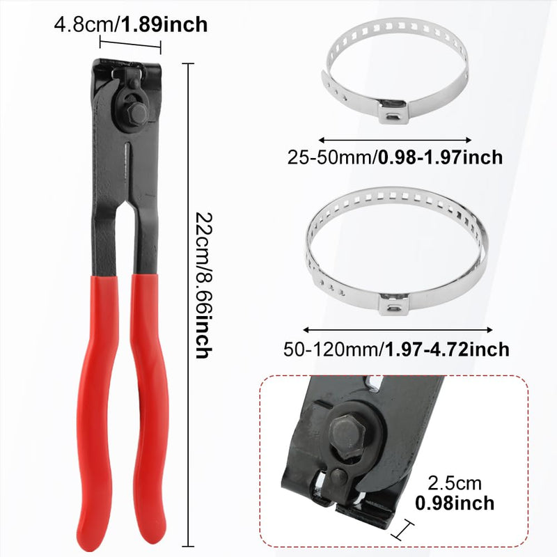 CV Boot Clamp Plier with 10PCS Stainless Steel Boot Clamps, Small and Large Stainless Steel Universal Adjustable Drive Shaft CV Crimp Clamp Collar Pliers for Most Cars