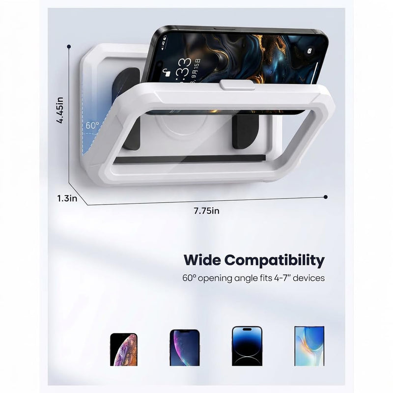 Shower Phone Holder Waterproof - 480° Rotatable Retractable Adjustable iPhone Case Holder with Touch Screen, Bathroom Wall Phone Mount Stand Water Proof Anti Fog, Accessories for 4-7" Cellphones White
