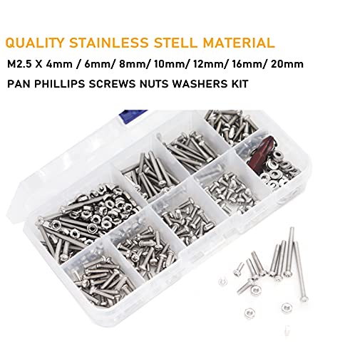 430PCS M2.5 Pan Phillips Screws and M2.5 Hex Nuts/Flat Washers Assortment Kit, 304 Stainless Steel, 4mm / 6mm/ 8mm/ 10mm/ 12mm/ 16mm/ 20mm/ 25mm/ 30mm