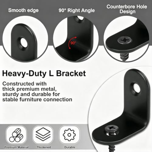 50 PCS 1"x1"L Brackets Corner Braces with 100 PCS Screws, Right Angle Brackets, Black Stainless Steel L Shape Bracket Support for Woodworking, Furniture, Shelf, Cabinet,Drawer, Chair Repair 25X25MM