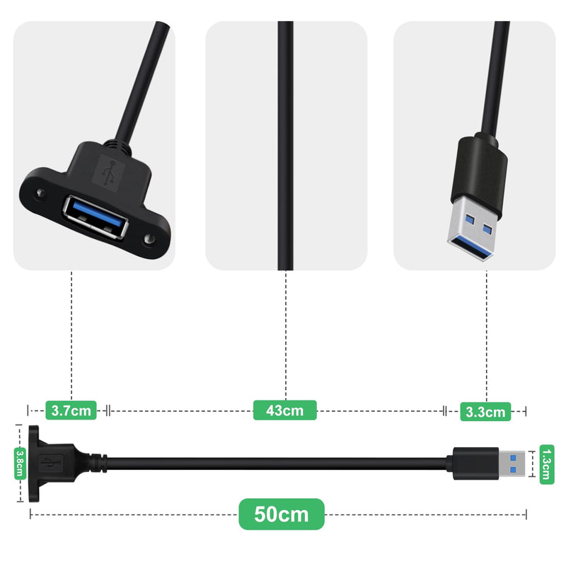 USB 3.0 Panel Mount Extension Cable Short USB Extension Cable with Panel Mount Supports 5Gbps Data Transmit and Power Supply, for Laptops, PC, Phone, Car (Black, 1.6FT / 0.6 m) Black