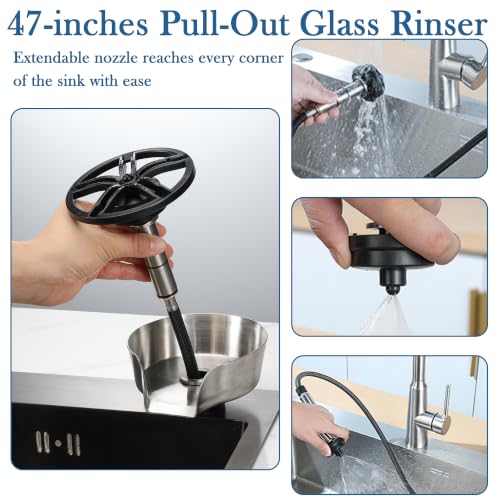 Brushed Nickel Metal Glass Rinser for Kitchen Sink, Cup Washer for Sink, Bottle Washer with Pull-Out Sprayer Combo High Pressure 360° Rotating Faucet