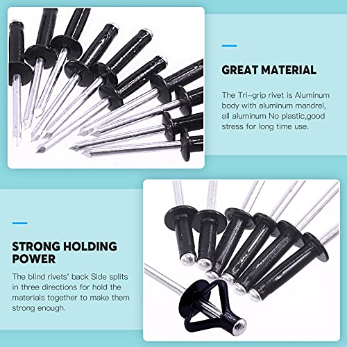 80Pcs 3/16" Long Grip Tri-Grip Rivets Tri-Fold Tri Bulb Long Pop Mounting Rivet Kit for Kayak and Boat Accessories 80 Black