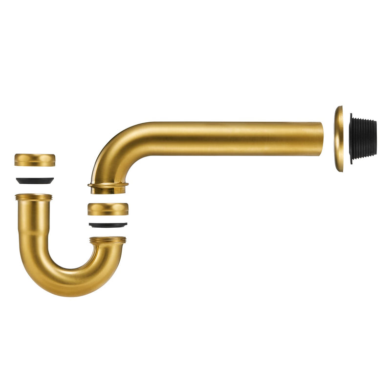 18 Gauge Solid Brass P-Trap 1 1/4” OD, Heavy Duty Brass Tubular J Bend Pipe Connector, Decorative Bathroom Basin Sink Waste Trap Drain Kit with Flange and Gasket Washers, Brushed Gold