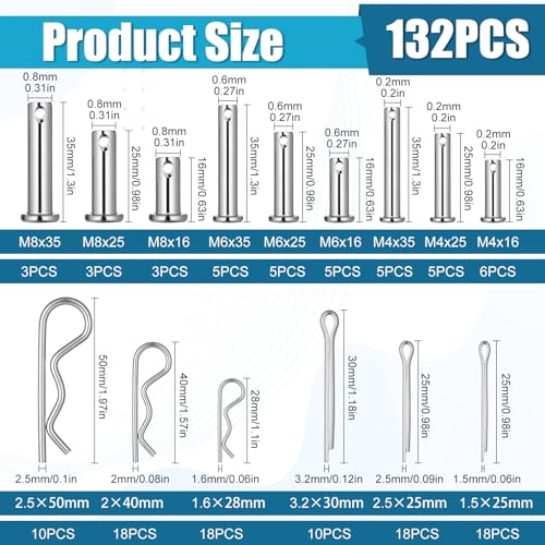 132 PCS 304 Stainless Steel Clevis Pins, 15 Sizes Cotter Pin Assortment Kit
