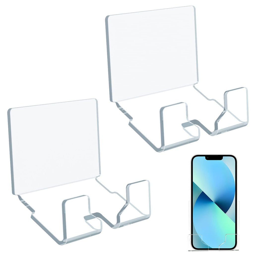 2 Pack Wall Mount Phone Holder Adhesive Cell Phone Charging Stand Smartphone Storage Organizer Bracket for Home Office Compatible with All Phone, Silky White & Clear