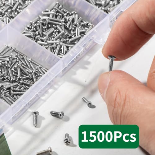VAPKER 1500Pcs Tiny Screws M1 M1.2 M1.4 M1.6 M2 Round Pan Head Mini Machine Screw Metric Phillips Drive Silver Nickel-Plated Micro Screw for Laptop Eyeglass Watch Repair