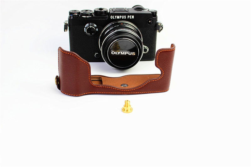 PEN-F Case, BolinUS Handmade Genuine Real Leather Half Camera Case Bag Cover for Olympus PEN-F Bottom Opening Version + Hand Strap - Coffee Natural