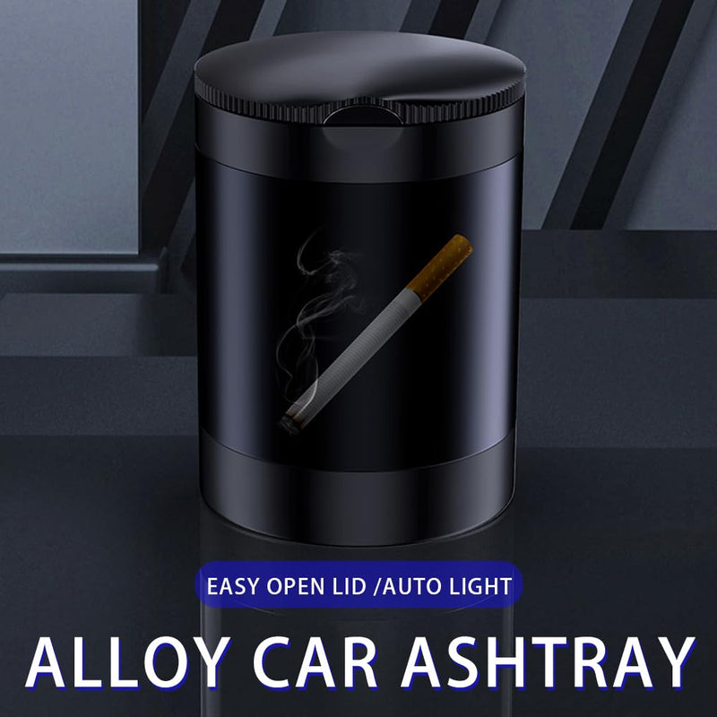 Ashtray with Lid Smell Proof,Smokeless Ashtray for Cup Holder,Cigar Ash Tray,Detachable Stainless Steel Car Ash Tray with LED Auto Light, for Most Car, Office, Home (Black)