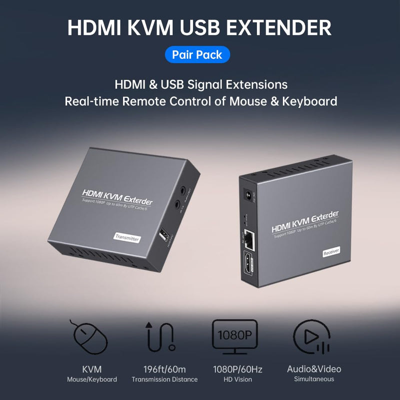 HDMI KVM Extender Over Cat5e/6 1080P Transmits Up to 196ft/60m, with 2 USB Ports Supports Mouse and Keyboard Remote Control, Feature Audio Extractor Function