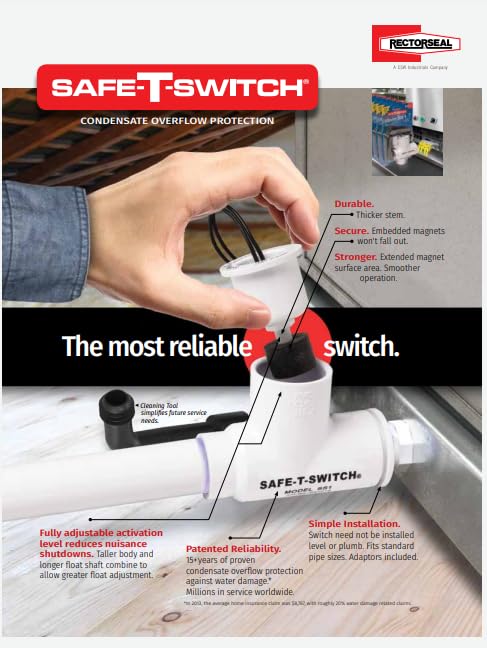 RectorSeal Safe-T-Switch 97637 Condensate Overflow Switch, Easy Access, Condensate Drain Shut Off System, Magnetic Reed Switch, HVAC, Includes 3/4" Adapter