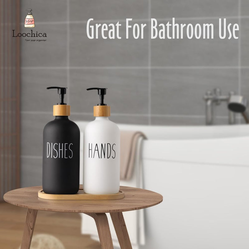 LOOCHICA 2 Pack Glass Soap Dispenser Set with Tray, Hand and Dish Glass Soap Dispensers for Kitchen Sink, Kitchen Soap Dispenser Set Suitable for Black and White Kitchen Decor A01-black/White With Bamboo Tray