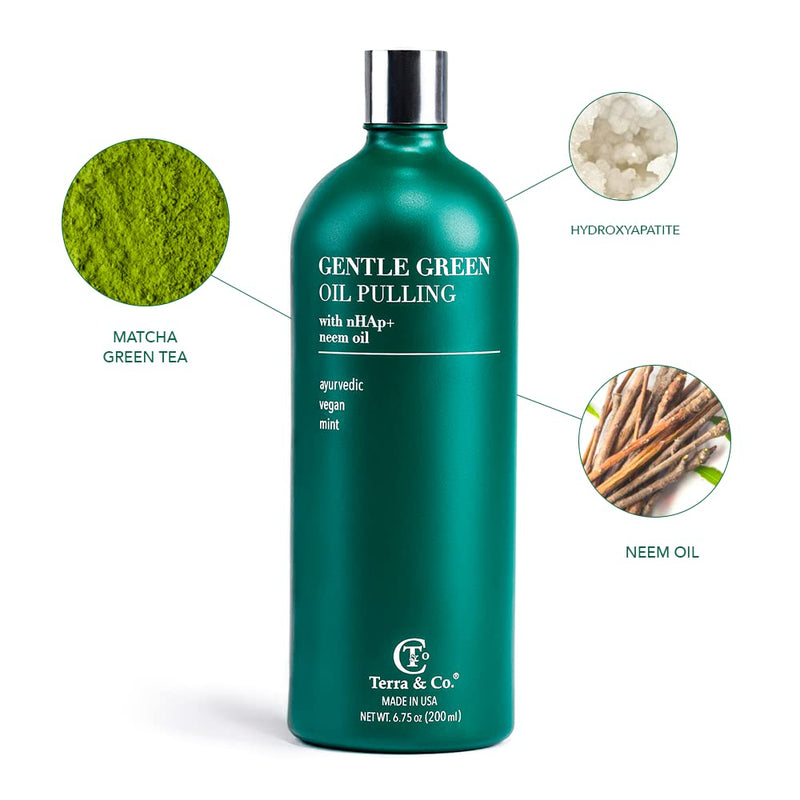 Terra & Co. Nano Hydroxyapatite Gentle Green Oil Pulling - Vegan Natural Mouthwash for Teeth and Gum Health – Alcohol-Free and Fluoride-Free - Made with Cold Pressed Plant Oils | 6.75 oz 6.75 Fl Oz (Pack of 1)