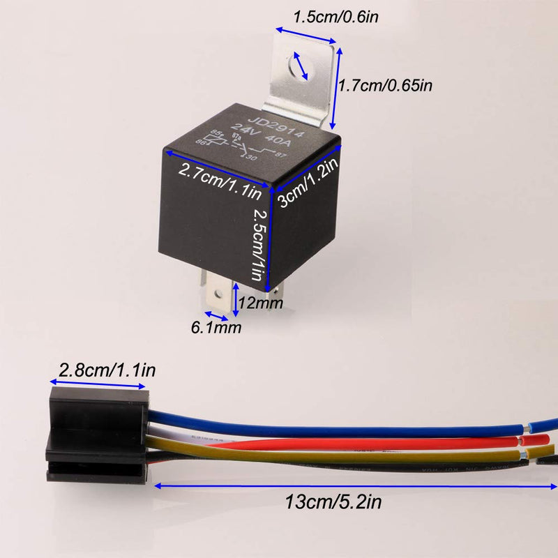 2pcs JD2914 Car Relay Harness 24V 40A 4 Pin SPDT 12AWG Harness Sockets with Built-in Diode for Automotive Truck Van Motorcycle Boat 5pin-24V-2pcs