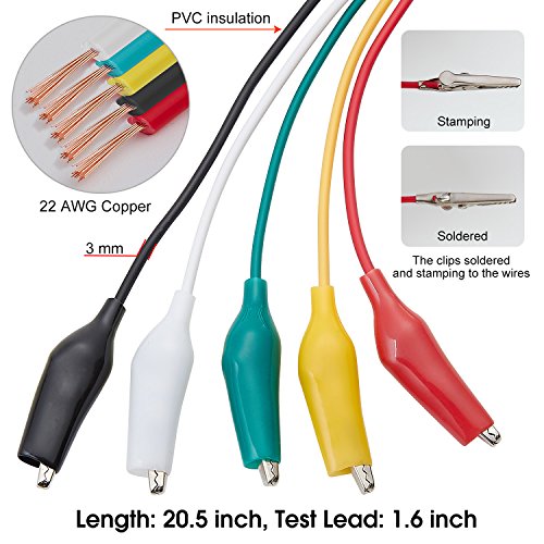 WG-026 10-Piece Test Lead Set with Alligator Clips, 22 AWG, 20.5-Inch, 5 Colors Copper Wire Soldered and Stamped Alligator Clips，Testing Probes, Crocodile Jumper Wires Cable for Electrical Testing 5 PACK